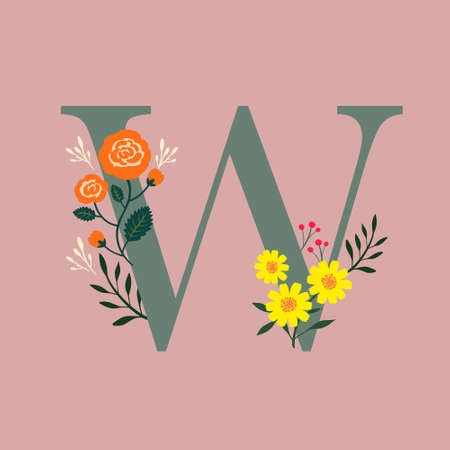 Whimsical floral botanical monogram alphabet-capital W vector elements with dusty roseのイラスト素材
