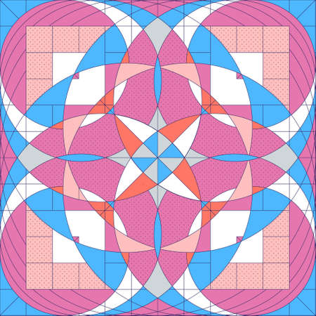 Geometric abstract grid-based vector seamless pattern with circles and squares in pink, orange, baby...