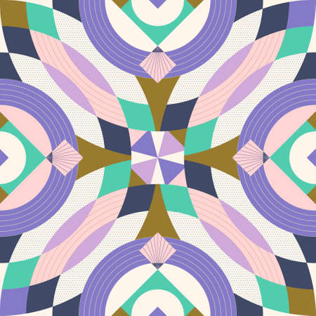 Half drop circular and diamond shapes kaleidoscope inspired seamless pattern, surface, texture, fabric, print design. wrapping paper, gift, stationery, background, backdrop, branding identity motifのイラスト素材