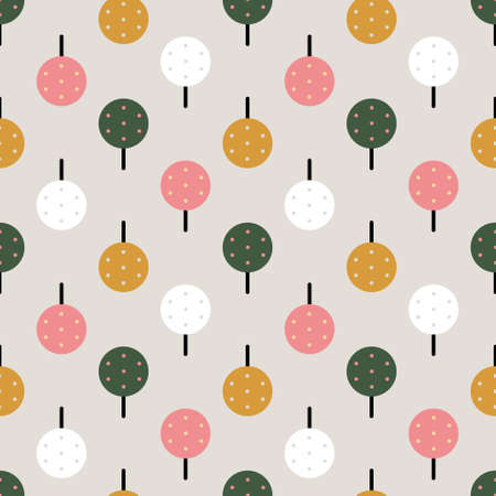Colorful orchard trees seamless repeat pattern for fabric, textile, texture, surface design creative assets, fruits plants, forest. woodland, stationary, gift wrap, wrapping paper, background.のイラスト素材