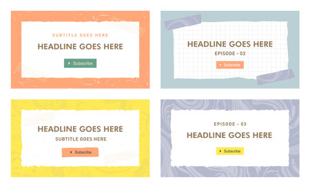 streaming service video thumbnail template set of four, social media graphic resources. Fashion trendy digital abstract watercolor marble texture style background with placeholder texts.のイラスト素材