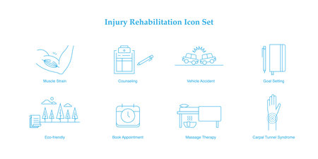 Injury rehabilitation vector monoline icon set muscle strain, counseling, motor vehicle accident, insurance, goal setting, journaling, eco-friendly, massage therapy, carpal tunnel syndromeのイラスト素材