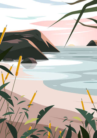 pink paradise sunset beach view vector illustration with a tranquil vibe environment art concept drawingのイラスト素材