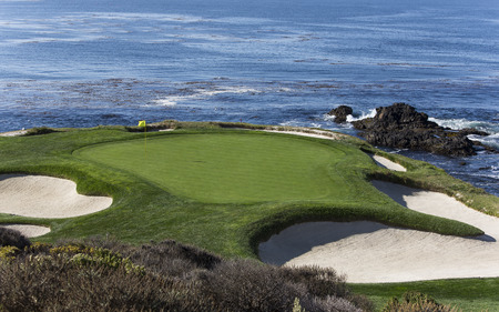 A view of hole 7 at Pebble Beach golf links, Monterey, California, USAの写真素材