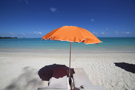 Parasols and beach in Mauritius islandの写真素材