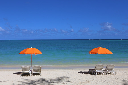 Parasols and beach in Mauritius islandの写真素材