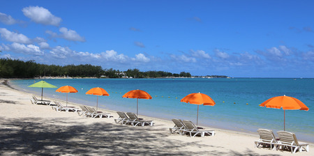 Parasols and beach in Mauritius islandの写真素材
