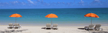 Parasols and beach in Mauritius islandの写真素材