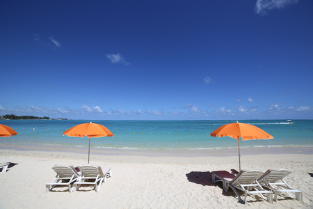 Parasols and beach in Mauritius islandの写真素材