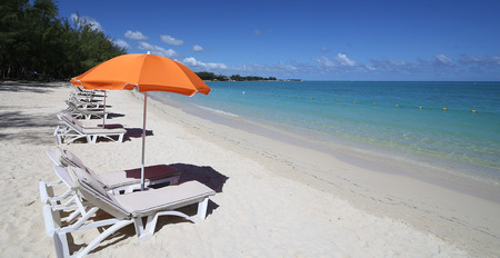 Parasols and beach in Mauritius islandの写真素材
