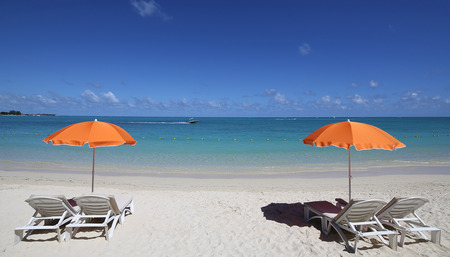 Parasols and beach in Mauritius islandの写真素材