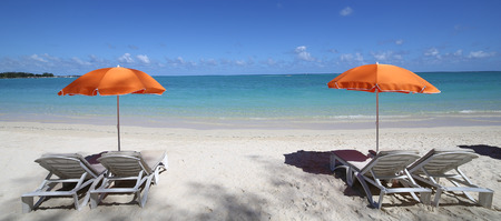 Parasols and beach in Mauritius islandの写真素材