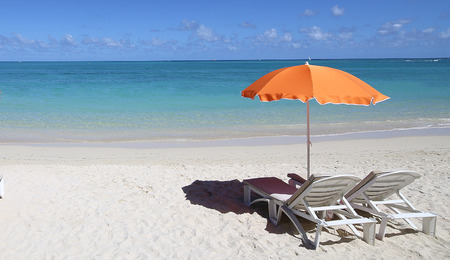 Parasols and beach in Mauritius islandの写真素材