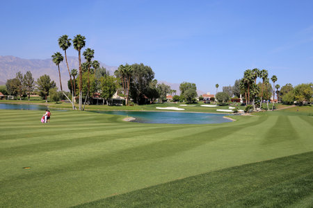 RANCHO MIRAGE, CALIFORNIA - APRIL 02, 2015: View of golf course at the ANA inspiration golf tournament on the LPGA Tour, April 02, 2015, Rancho Mirage golf course, California, USA.のeditorial素材
