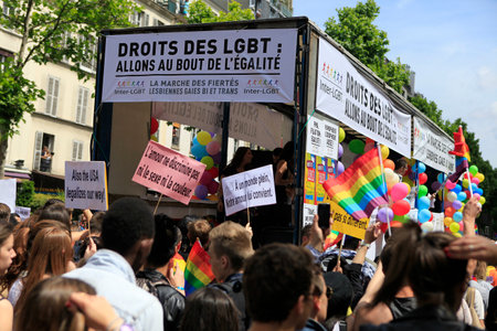 Paris, France June 29 th, 2013: Protesters marching for gay rights at The Gay Pride parade in Paris, France.のeditorial素材