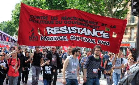 Paris, France June 29 th, 2013: Protesters marching for gay rights at The Gay Pride parade in Paris, France.のeditorial素材