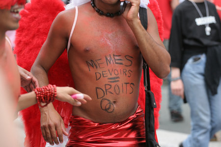 Paris, France June 29 th, 2013: Protesters marching for gay rights at The Gay Pride parade in Paris, France.のeditorial素材