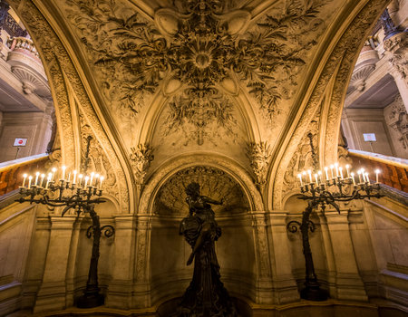 PARIS, FRANCE, MARCH 14, 2017 : interiors, frescoes and architectural details of the palais Garnier, Opera of Paris, march 14, 2017 in Paris, France.のeditorial素材