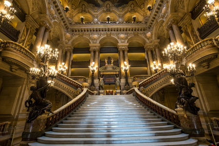 PARIS, FRANCE, MARCH 14, 2017 : interiors, frescoes and architectural details of the palais Garnier, Opera of Paris, march 14, 2017 in Paris, France.のeditorial素材