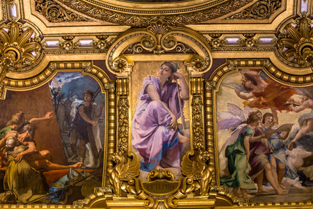 PARIS, FRANCE, MARCH 14, 2017 : interiors, frescoes and architectural details of the palais Garnier, Opera of Paris, march 14, 2017 in Paris, France.のeditorial素材