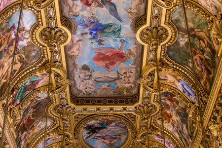 PARIS, FRANCE, MARCH 14, 2017 : interiors, frescoes and architectural details of the palais Garnier, Opera of Paris, march 14, 2017 in Paris, France.のeditorial素材