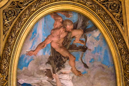 PARIS, FRANCE, MARCH 14, 2017 : interiors, frescoes and architectural details of the palais Garnier, Opera of Paris, march 14, 2017 in Paris, France.のeditorial素材