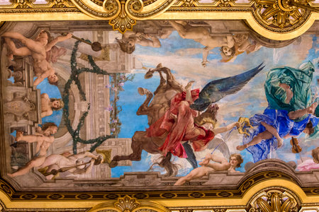 PARIS, FRANCE, MARCH 14, 2017 : interiors, frescoes and architectural details of the palais Garnier, Opera of Paris, march 14, 2017 in Paris, France.のeditorial素材