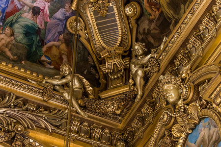PARIS, FRANCE, MARCH 14, 2017 : interiors, frescoes and architectural details of the palais Garnier, Opera of Paris, march 14, 2017 in Paris, France.のeditorial素材