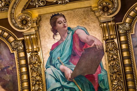 PARIS, FRANCE, MARCH 14, 2017 : interiors, frescoes and architectural details of the palais Garnier, Opera of Paris, march 14, 2017 in Paris, France.のeditorial素材