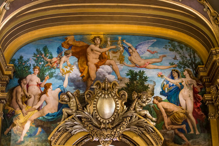PARIS, FRANCE, MARCH 14, 2017 : interiors, frescoes and architectural details of the palais Garnier, Opera of Paris, march 14, 2017 in Paris, France.のeditorial素材