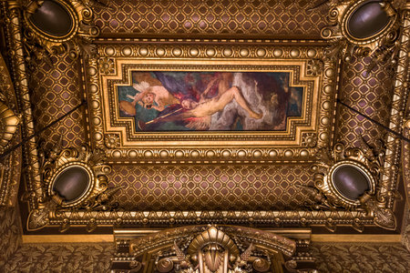 PARIS, FRANCE, MARCH 14, 2017 : interiors, frescoes and architectural details of the palais Garnier, Opera of Paris, march 14, 2017 in Paris, France.のeditorial素材