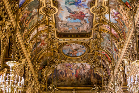 PARIS, FRANCE, MARCH 14, 2017 : interiors, frescoes and architectural details of the palais Garnier, Opera of Paris, march 14, 2017 in Paris, France.のeditorial素材