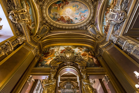PARIS, FRANCE, MARCH 14, 2017 : interiors, frescoes and architectural details of the palais Garnier, Opera of Paris, march 14, 2017 in Paris, France.のeditorial素材