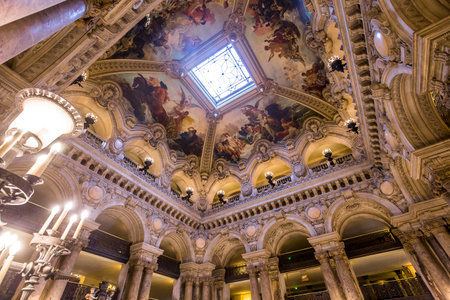 PARIS, FRANCE, MARCH 14, 2017 : interiors, frescoes and architectural details of the palais Garnier, Opera of Paris, march 14, 2017 in Paris, France.のeditorial素材