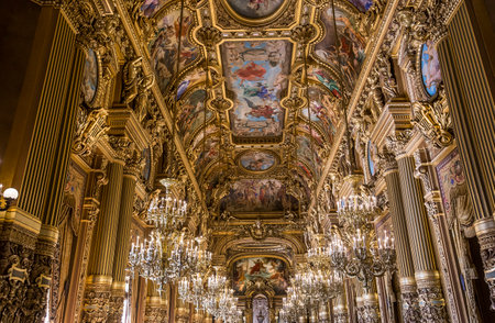 PARIS, FRANCE, MARCH 14, 2017 : interiors, frescoes and architectural details of the palais Garnier, Opera of Paris, march 14, 2017 in Paris, France.のeditorial素材
