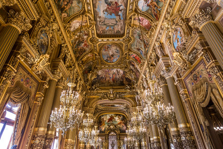 PARIS, FRANCE, MARCH 14, 2017 : interiors, frescoes and architectural details of the palais Garnier, Opera of Paris, march 14, 2017 in Paris, France.のeditorial素材