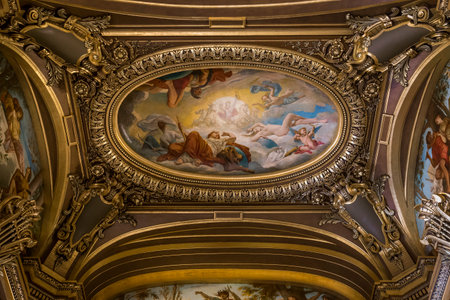 PARIS, FRANCE, MARCH 14, 2017 : interiors, frescoes and architectural details of the palais Garnier, Opera of Paris, march 14, 2017 in Paris, France.のeditorial素材