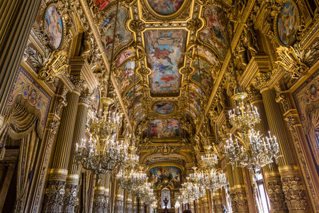 PARIS, FRANCE, MARCH 14, 2017 : interiors, frescoes and architectural details of the palais Garnier, Opera of Paris, march 14, 2017 in Paris, France.のeditorial素材