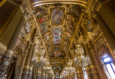 PARIS, FRANCE, MARCH 14, 2017 : interiors, frescoes and architectural details of the palais Garnier, Opera of Paris, march 14, 2017 in Paris, France.のeditorial素材