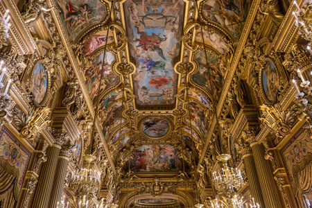 PARIS, FRANCE, MARCH 14, 2017 : interiors, frescoes and architectural details of the palais Garnier, Opera of Paris, march 14, 2017 in Paris, France.のeditorial素材