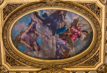 PARIS, FRANCE, MARCH 14, 2017 : interiors, frescoes and architectural details of the palais Garnier, Opera of Paris, march 14, 2017 in Paris, France.のeditorial素材