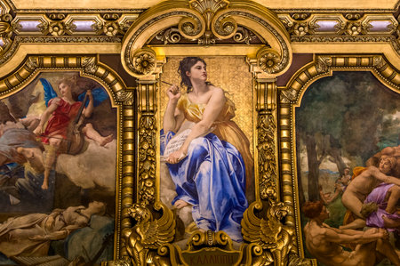 PARIS, FRANCE, MARCH 14, 2017 : interiors, frescoes and architectural details of the palais Garnier, Opera of Paris, march 14, 2017 in Paris, France.のeditorial素材