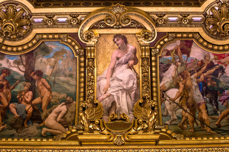 PARIS, FRANCE, MARCH 14, 2017 : interiors, frescoes and architectural details of the palais Garnier, Opera of Paris, march 14, 2017 in Paris, France.のeditorial素材