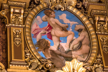 PARIS, FRANCE, MARCH 14, 2017 : interiors, frescoes and architectural details of the palais Garnier, Opera of Paris, march 14, 2017 in Paris, France.のeditorial素材