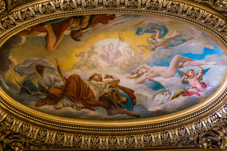 PARIS, FRANCE, MARCH 14, 2017 : interiors, frescoes and architectural details of the palais Garnier, Opera of Paris, march 14, 2017 in Paris, France.のeditorial素材