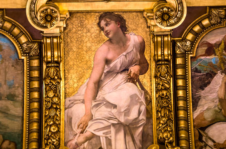 PARIS, FRANCE, MARCH 14, 2017 : interiors, frescoes and architectural details of the palais Garnier, Opera of Paris, march 14, 2017 in Paris, France.のeditorial素材