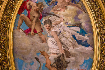 PARIS, FRANCE, MARCH 14, 2017 : interiors, frescoes and architectural details of the palais Garnier, Opera of Paris, march 14, 2017 in Paris, France.のeditorial素材