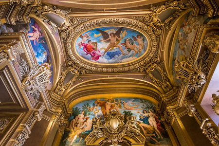 PARIS, FRANCE, MARCH 14, 2017 : interiors, frescoes and architectural details of the palais Garnier, Opera of Paris, march 14, 2017 in Paris, France.のeditorial素材