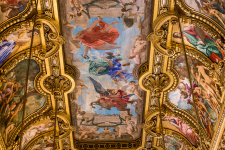 PARIS, FRANCE, MARCH 14, 2017 : interiors, frescoes and architectural details of the palais Garnier, Opera of Paris, march 14, 2017 in Paris, France.のeditorial素材