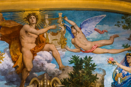 PARIS, FRANCE, MARCH 14, 2017 : interiors, frescoes and architectural details of the palais Garnier, Opera of Paris, march 14, 2017 in Paris, France.のeditorial素材